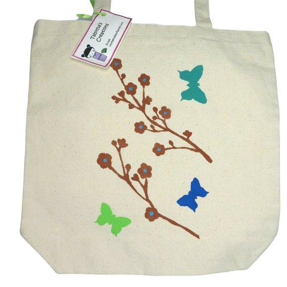 New Old Stock Hand Painted Beige Canvas Tote Shoulder Bag Shipping Bag 13 x 13 - Picture 5 of 6